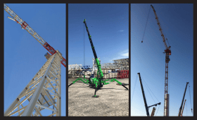 Collage of flat top tower crane, maeda battery crane, and luffing tower crane